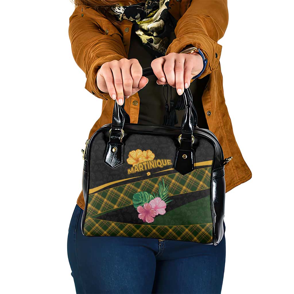 Martinique Heritage Shoulder Handbag Hibiscus Floral Design with Green and Yellow Madras Tartan TS04