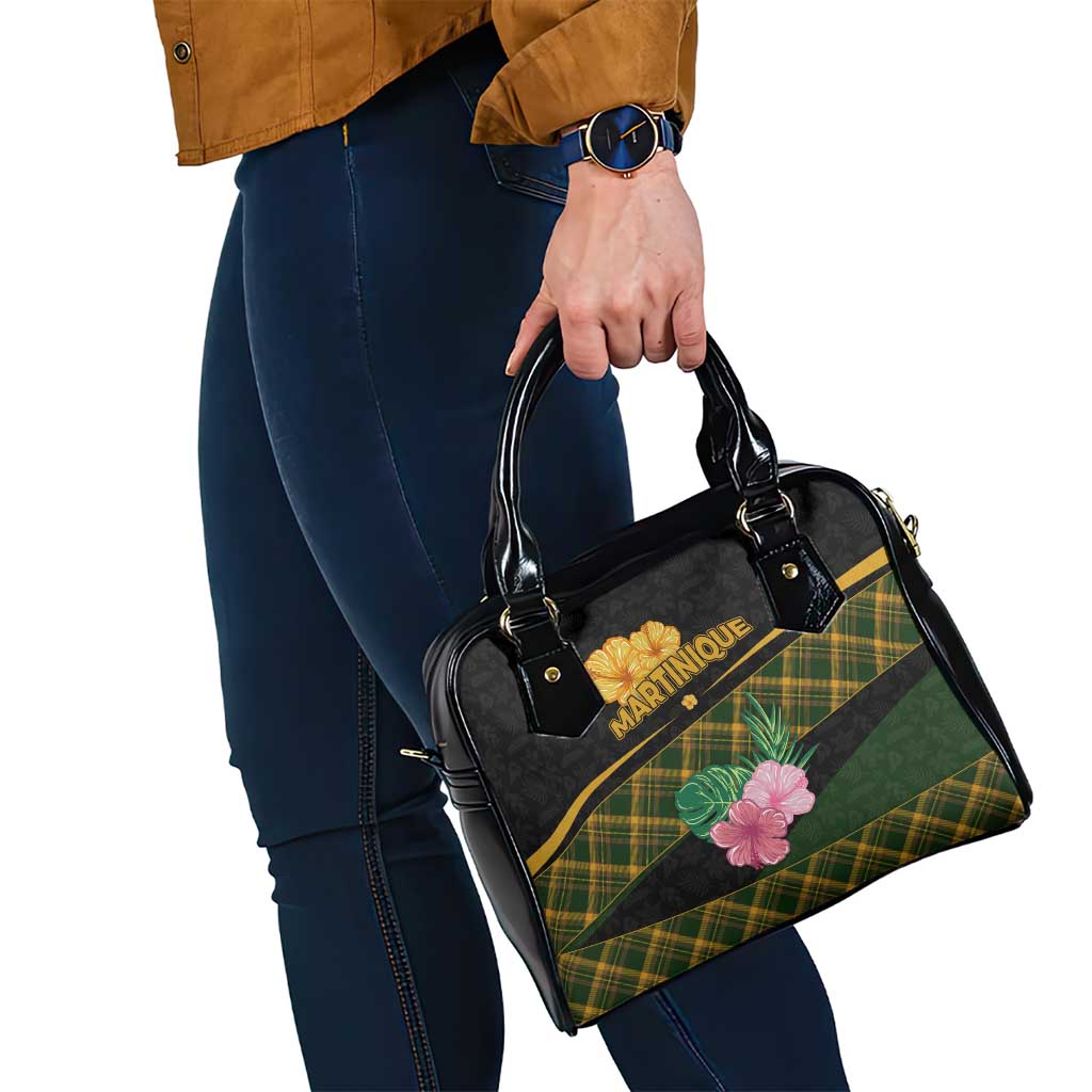 Martinique Heritage Shoulder Handbag Hibiscus Floral Design with Green and Yellow Madras Tartan TS04
