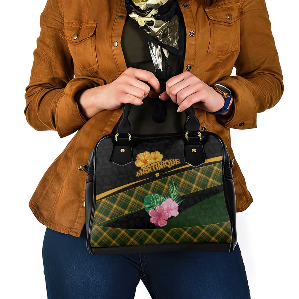 Martinique Heritage Shoulder Handbag Hibiscus Floral Design with Green and Yellow Madras Tartan TS04