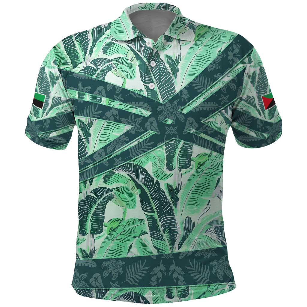Martinique Pride Polo Shirt with Green Banana Leaf Print and Flag Patch Accents TS04