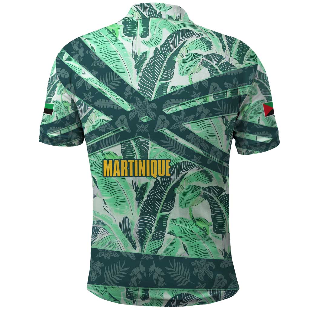 Martinique Pride Polo Shirt with Green Banana Leaf Print and Flag Patch Accents TS04