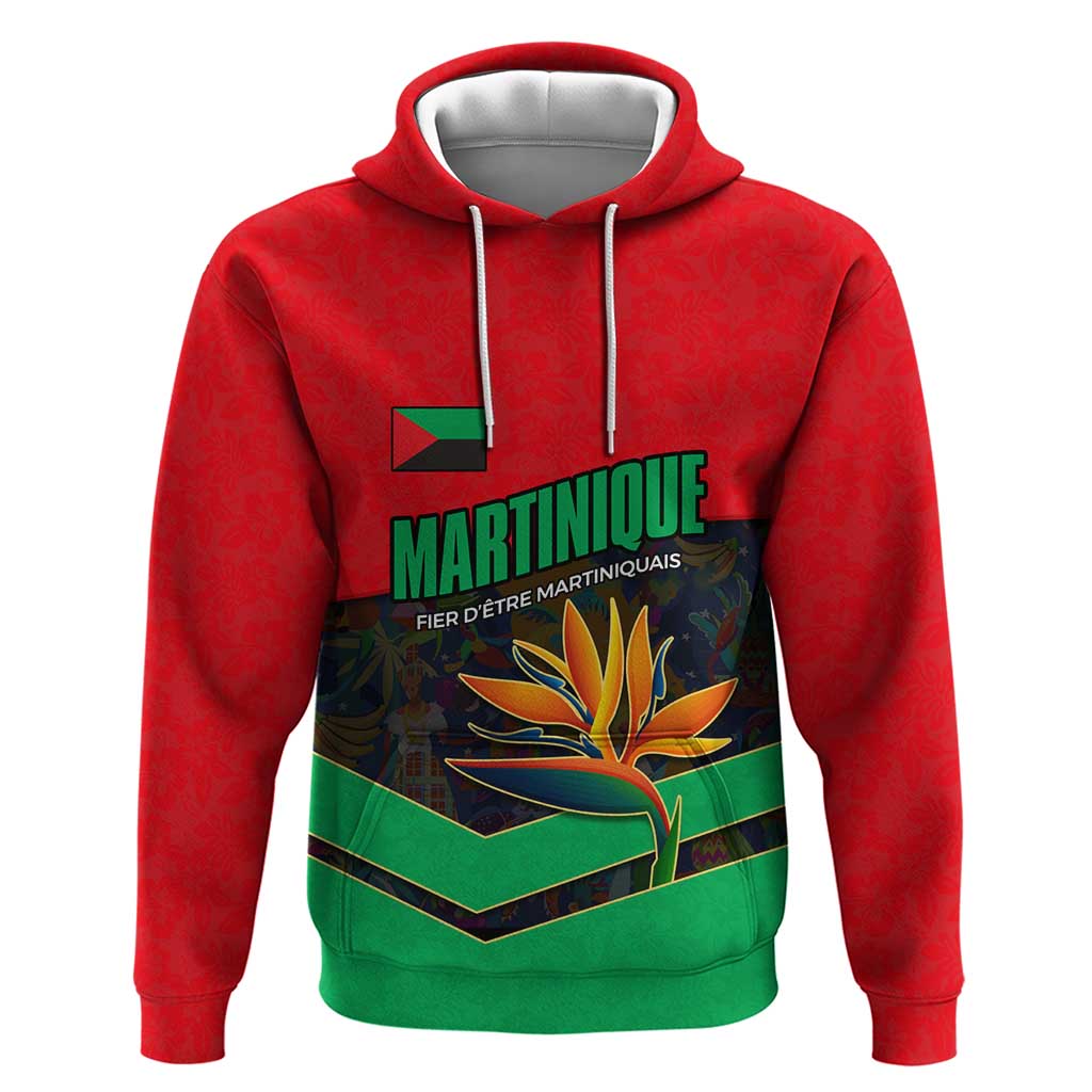 Martinique Pride Hoodie with Red Green Design and Tropical Bird of Paradise Flower TS04