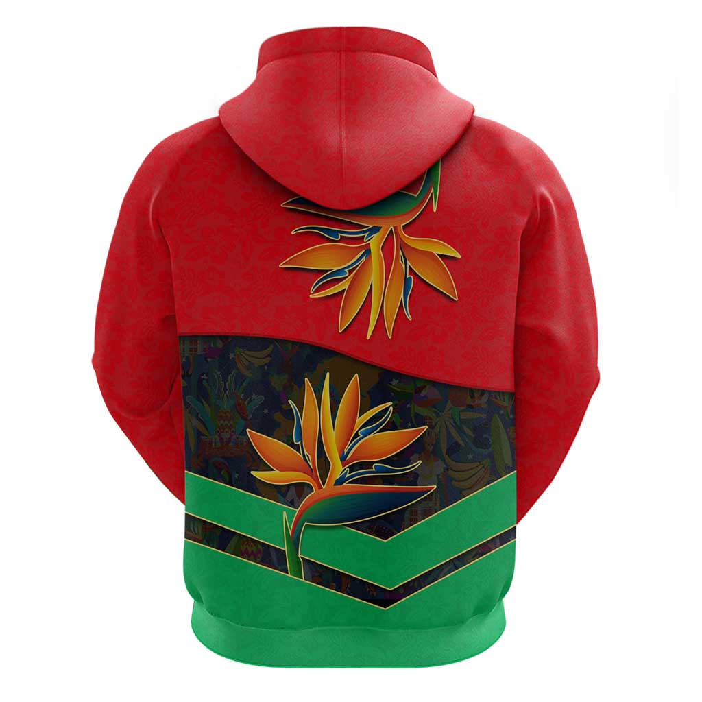 Martinique Pride Hoodie with Red Green Design and Tropical Bird of Paradise Flower TS04