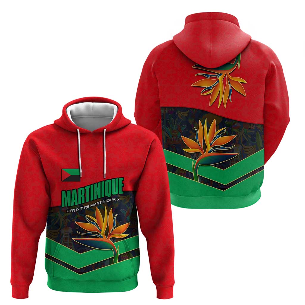 Martinique Pride Hoodie with Red Green Design and Tropical Bird of Paradise Flower TS04