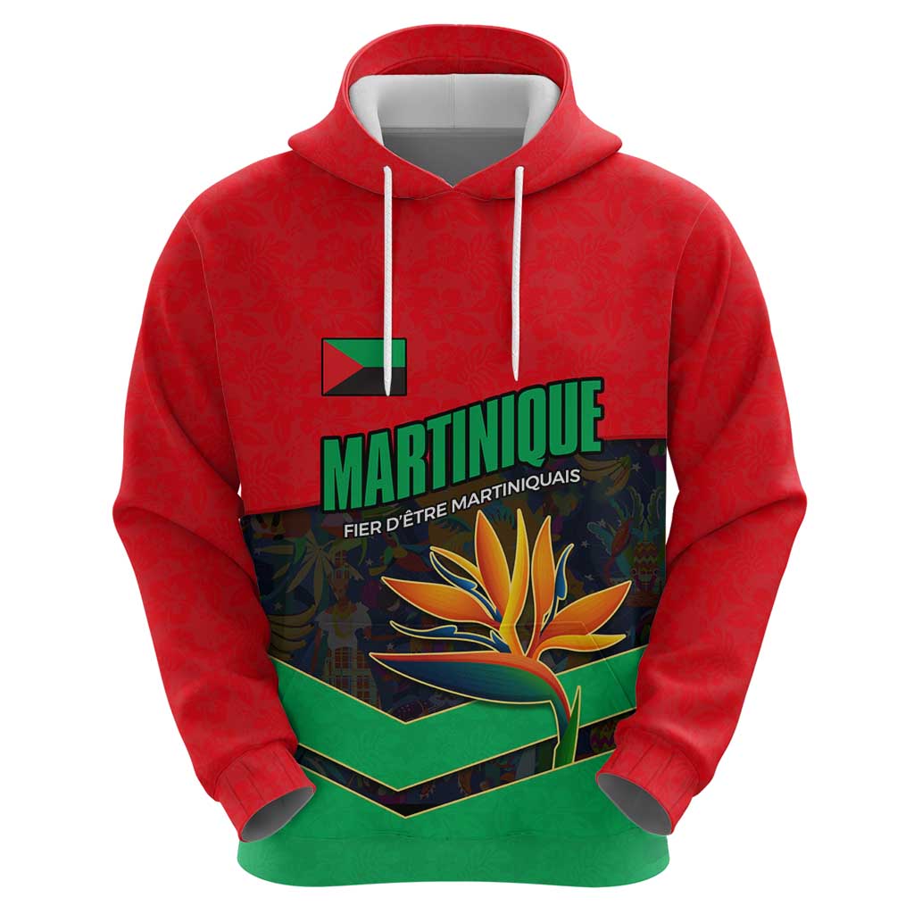 Martinique Pride Hoodie with Red Green Design and Tropical Bird of Paradise Flower TS04