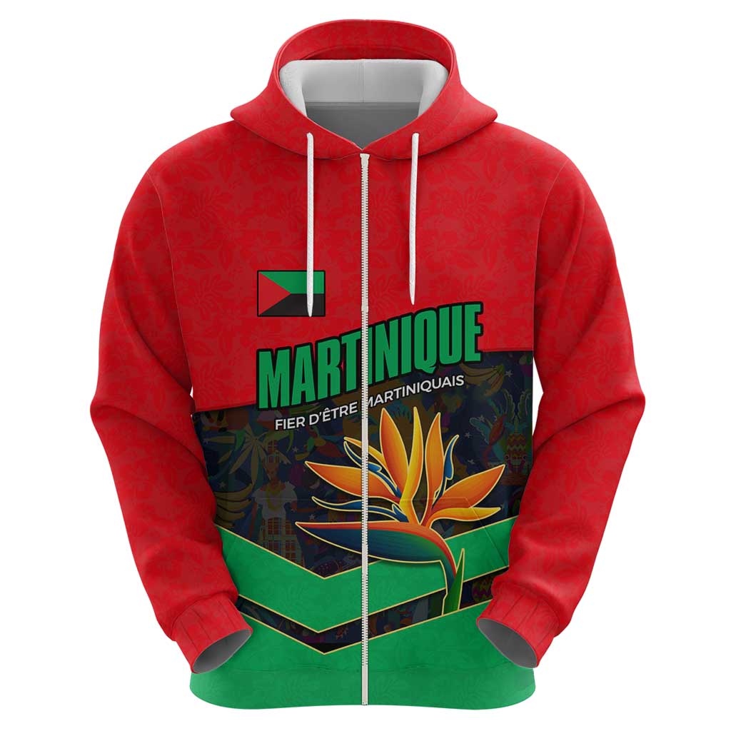 Martinique Pride Hoodie with Red Green Design and Tropical Bird of Paradise Flower TS04