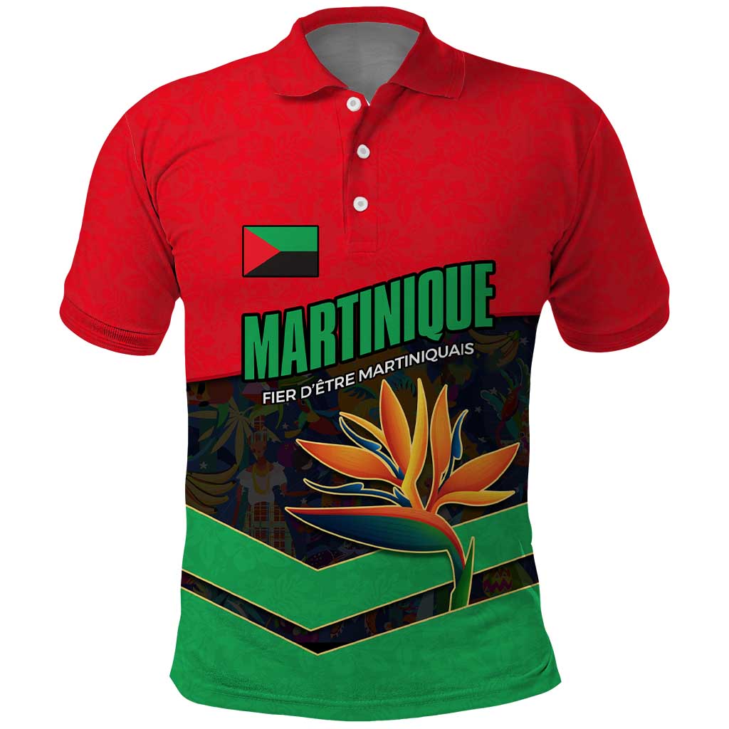 Martinique Pride Polo Shirt with Red Green Design and Tropical Bird of Paradise Flower TS04
