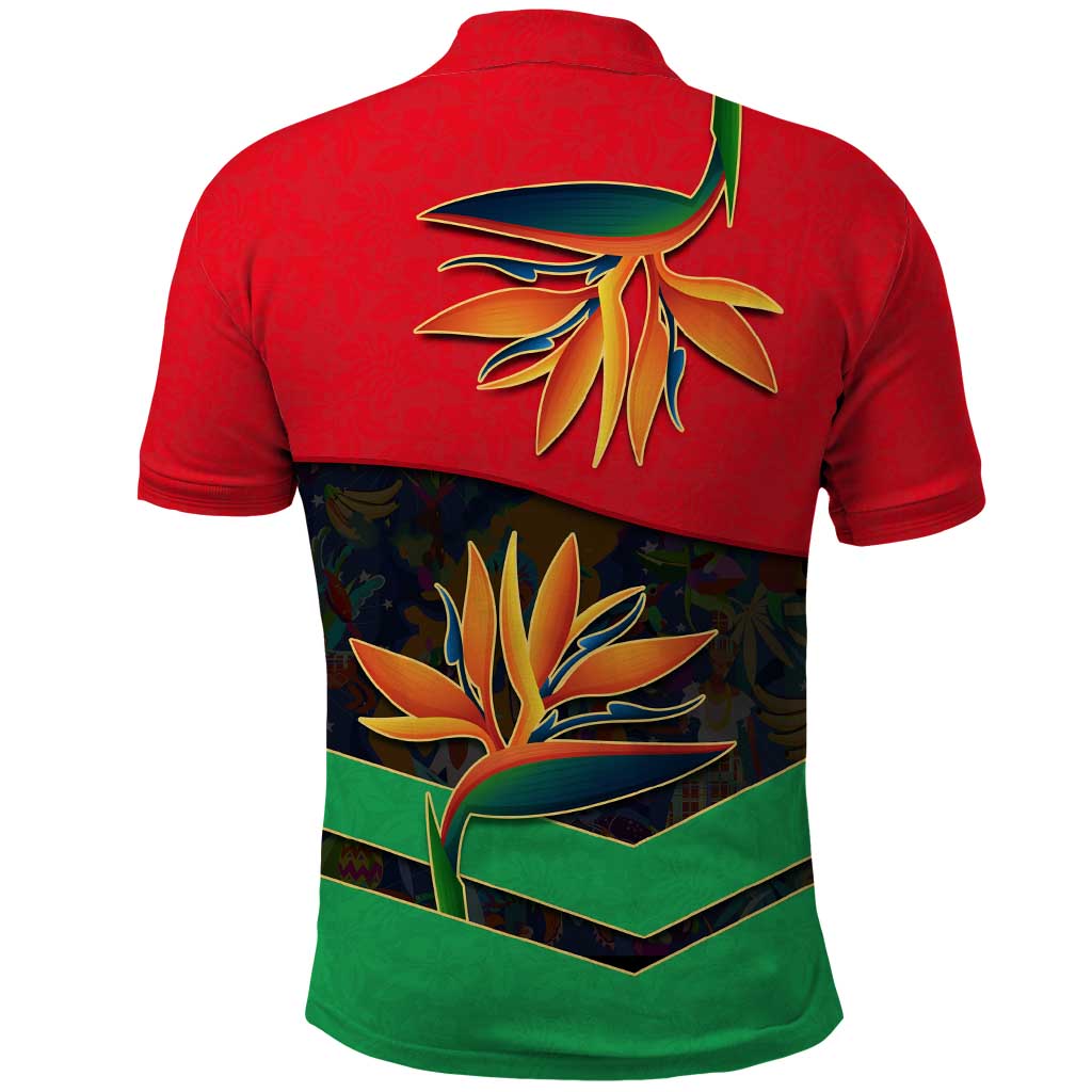 Martinique Pride Polo Shirt with Red Green Design and Tropical Bird of Paradise Flower TS04