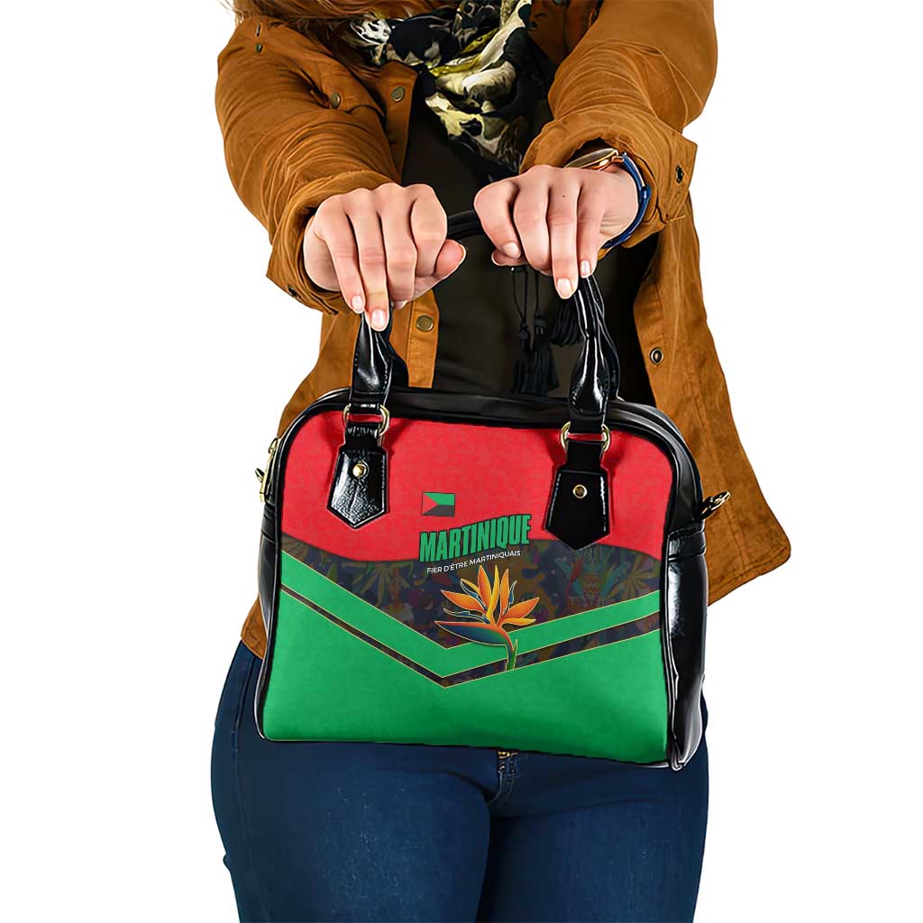 Martinique Pride Shoulder Handbag with Red Green Design and Tropical Bird of Paradise Flower TS04