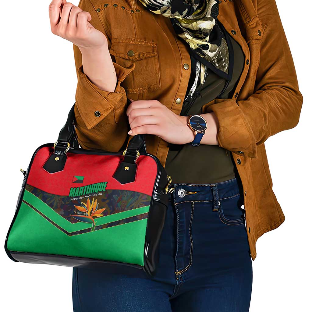 Martinique Pride Shoulder Handbag with Red Green Design and Tropical Bird of Paradise Flower TS04