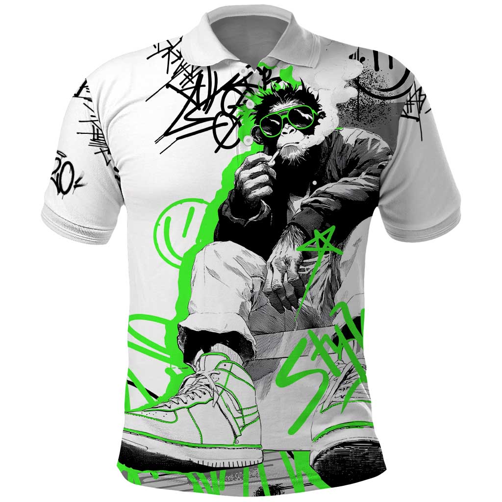 Street Style Graffiti Polo Shirt with Smoking Monkey and Neon Green TS04