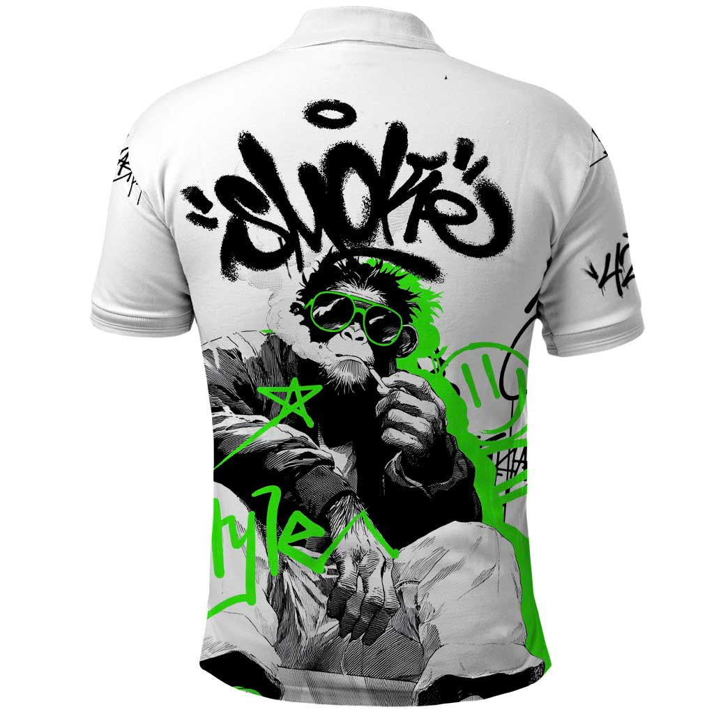 Street Style Graffiti Polo Shirt with Smoking Monkey and Neon Green TS04