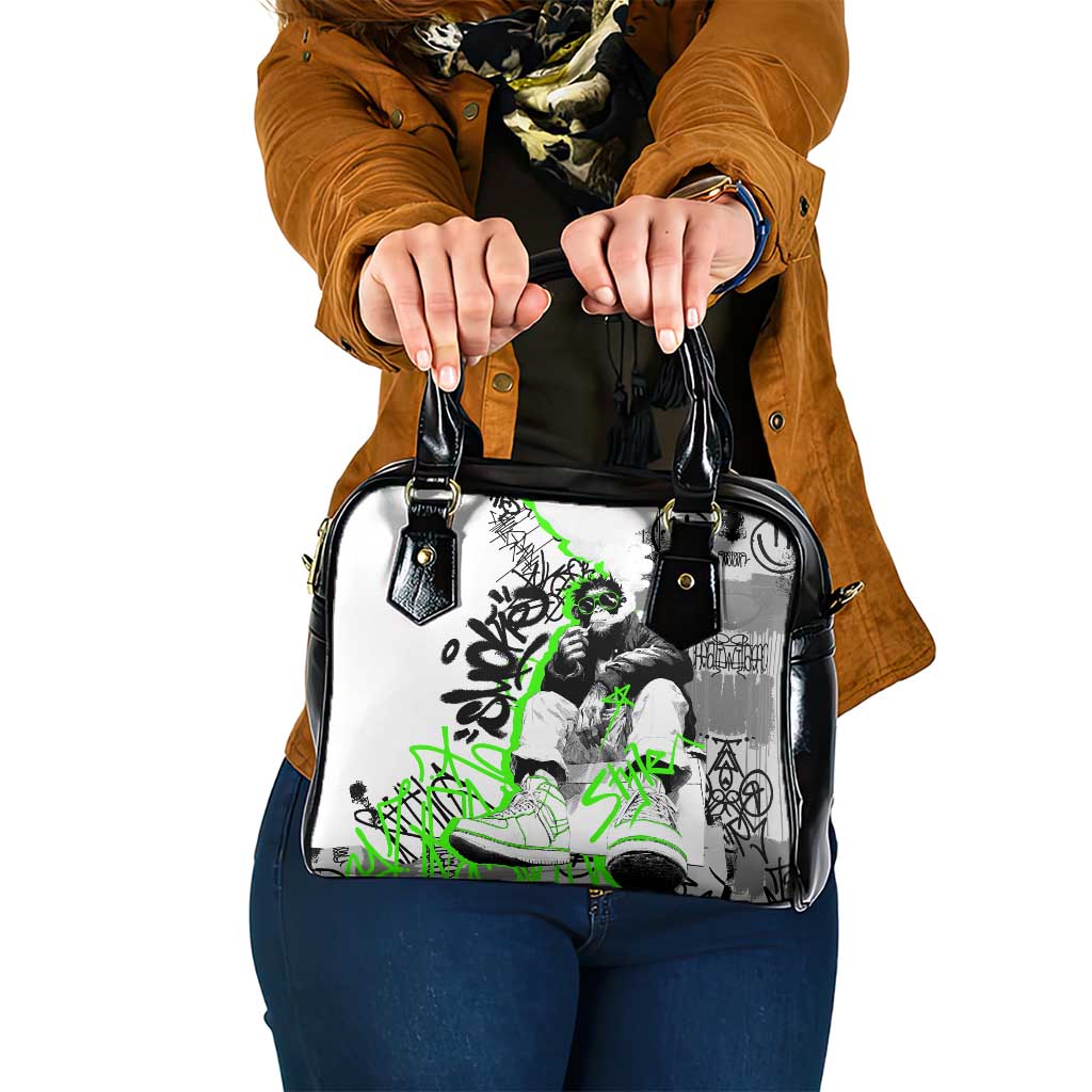 Street Style Graffiti Shoulder Handbag with Smoking Monkey and Neon Green TS04