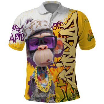 Graffiti Monkey Polo Shirt with Hip Hop Sunglasses and Gold Chain Design TS04