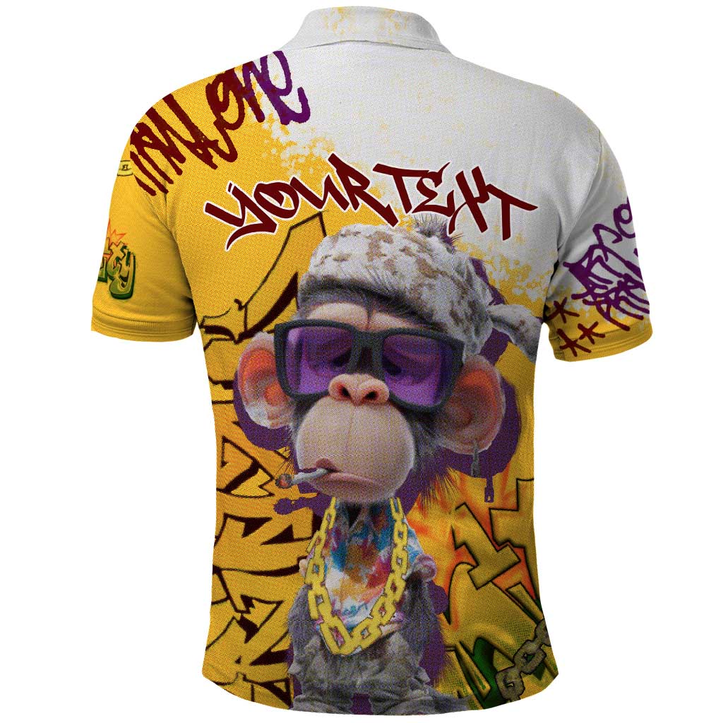 Graffiti Monkey Polo Shirt with Hip Hop Sunglasses and Gold Chain Design TS04