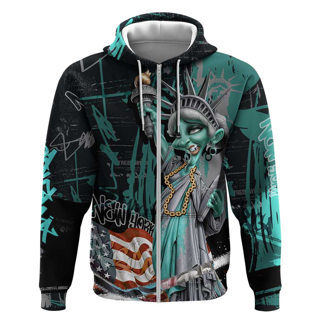 Street Art Liberty Hoodie with Graffiti Print and Cartoon Statue of Liberty TS04
