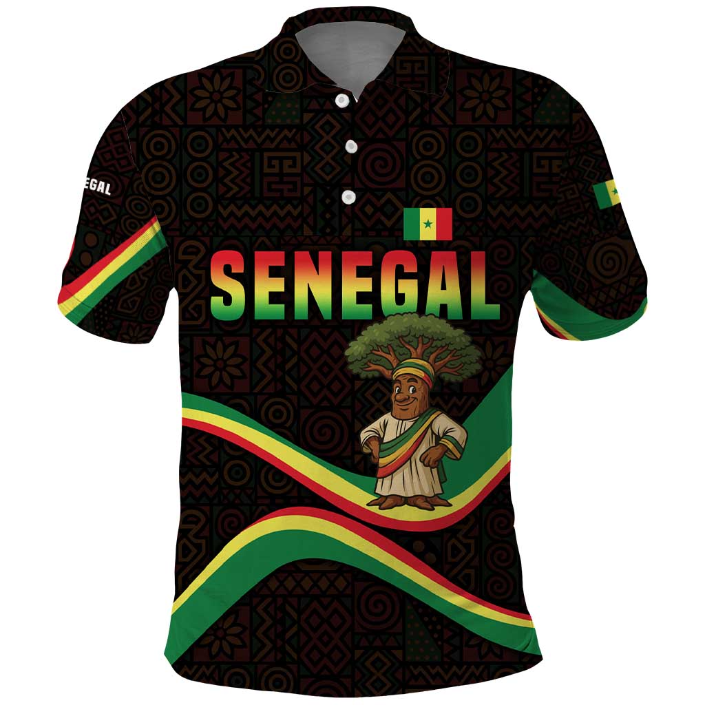 Senegal Tribal Pattern Polo Shirt Baobab Character and Red Yellow Green Flag Theme Design TS04
