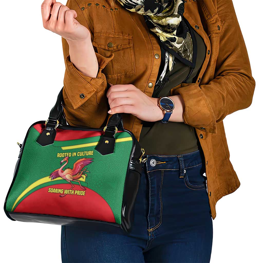 Senegal Shoulder Handbag with Flamingo Design and Rooted in Culture Slogan TS04
