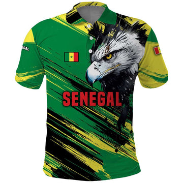 Senegal Polo Shirt with Bold Eagle Graphic and Brushstroke Flag Colors Design TS04