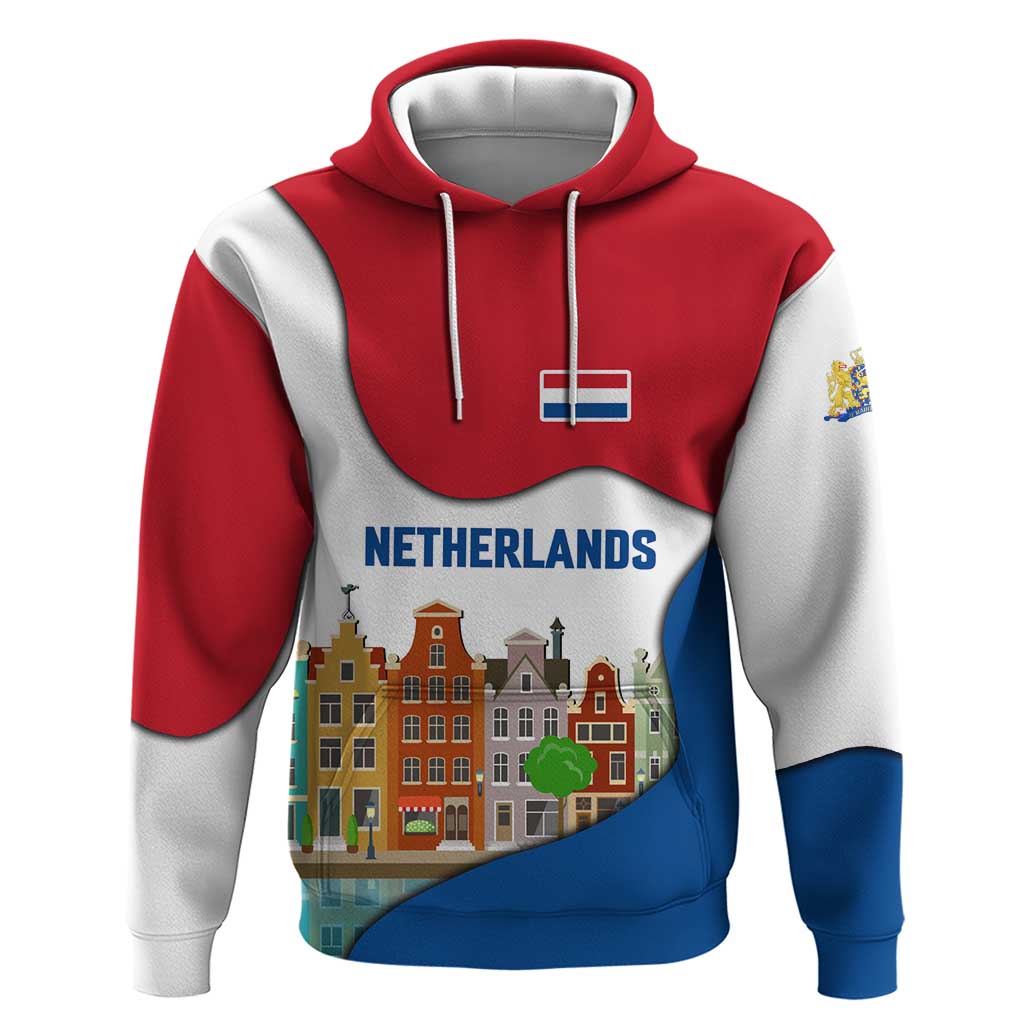 Netherlands Amsterdam Hoodie with Colorful Canal Houses and National Flag Design TS04