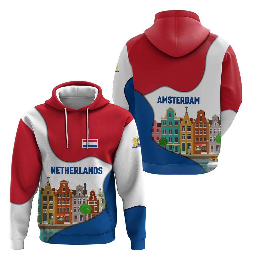 Netherlands Amsterdam Hoodie with Colorful Canal Houses and National Flag Design TS04