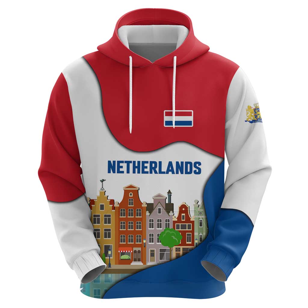 Netherlands Amsterdam Hoodie with Colorful Canal Houses and National Flag Design TS04