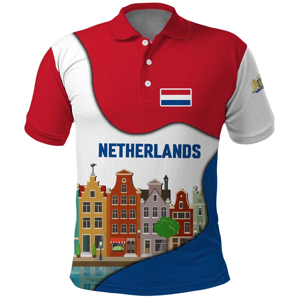 Netherlands Amsterdam Polo Shirt with Colorful Canal Houses and National Flag Design TS04
