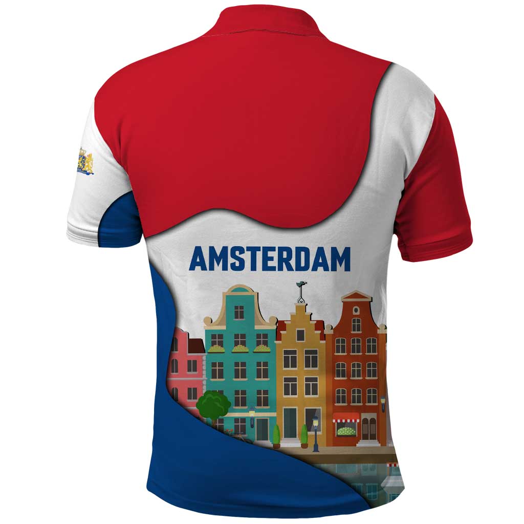 Netherlands Amsterdam Polo Shirt with Colorful Canal Houses and National Flag Design TS04