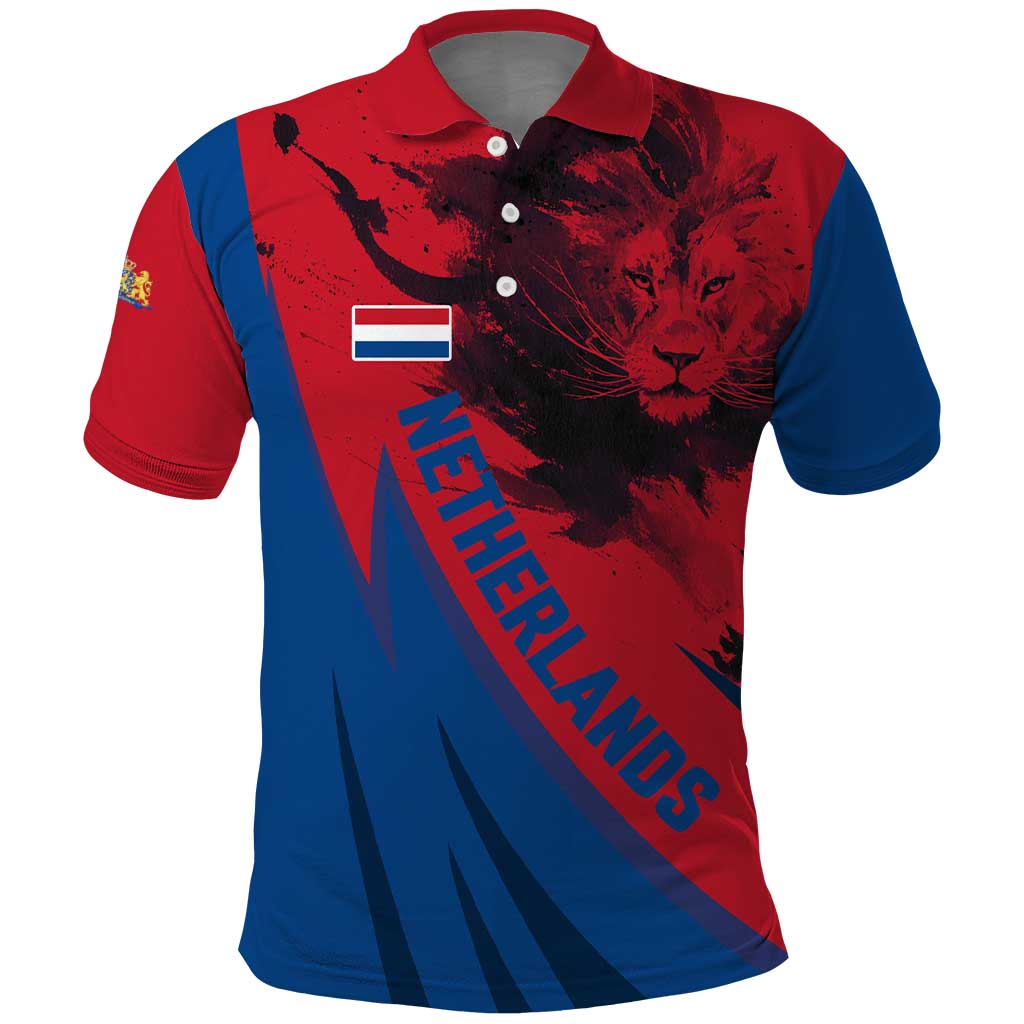 Netherlands Polo Shirt with Lion Graphic and Dutch Flag in Red and Blue Design TS04