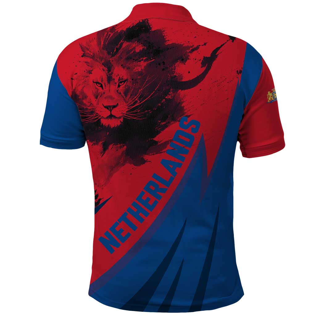 Netherlands Polo Shirt with Lion Graphic and Dutch Flag in Red and Blue Design TS04