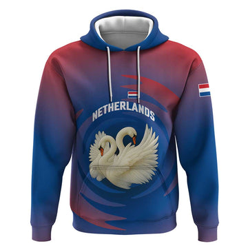 Netherlands Hoodie with Swan Couple Graphic and Dutch Flag in Gradient Red and Blue Design TS04
