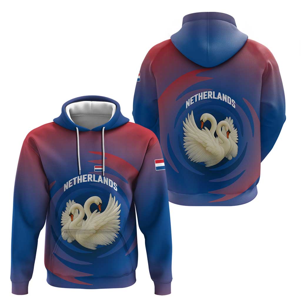 Netherlands Hoodie with Swan Couple Graphic and Dutch Flag in Gradient Red and Blue Design TS04