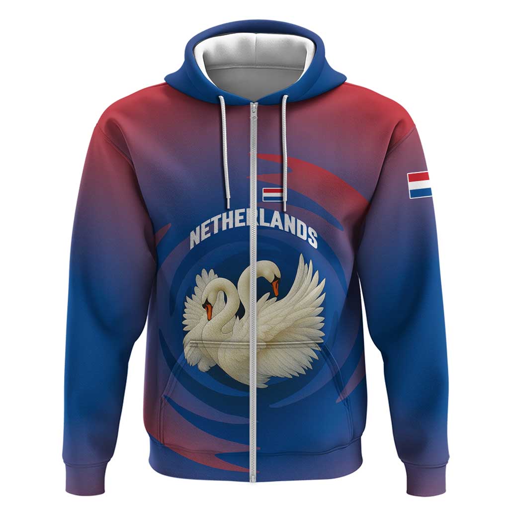 Netherlands Hoodie with Swan Couple Graphic and Dutch Flag in Gradient Red and Blue Design TS04
