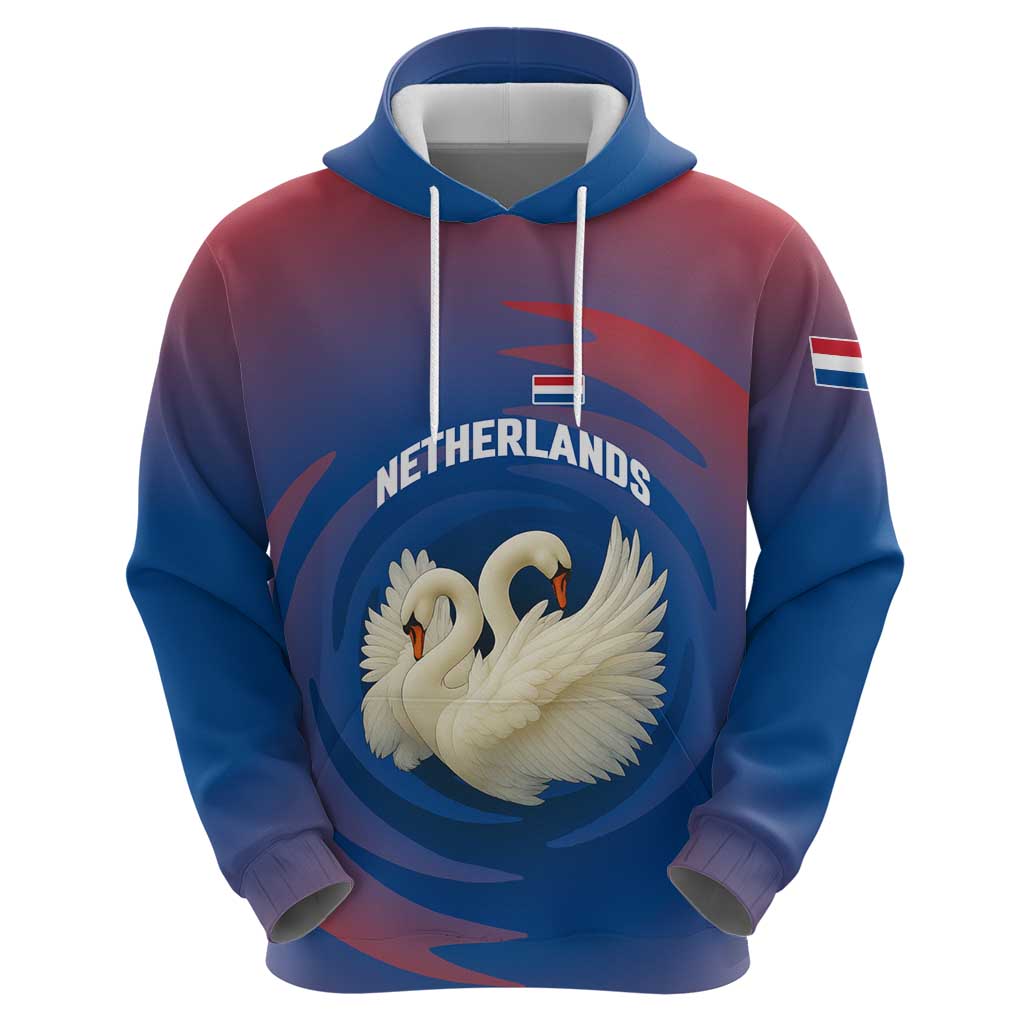 Netherlands Hoodie with Swan Couple Graphic and Dutch Flag in Gradient Red and Blue Design TS04