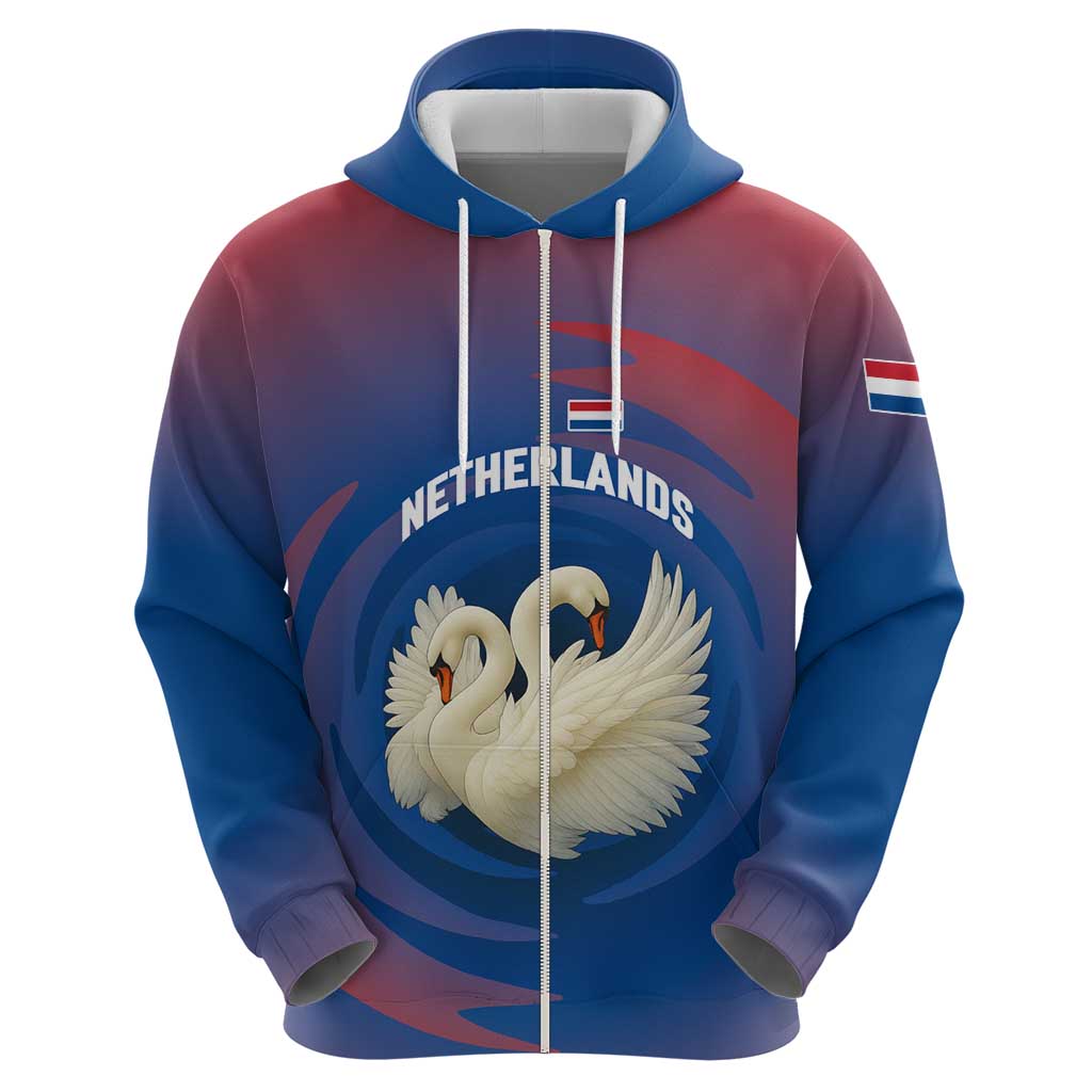 Netherlands Hoodie with Swan Couple Graphic and Dutch Flag in Gradient Red and Blue Design TS04