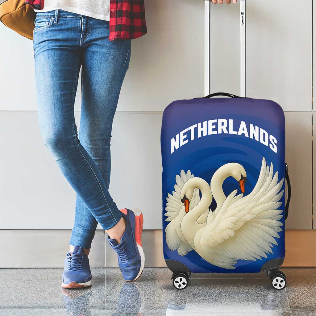 Netherlands Luggage Cover with Swan Couple Graphic and Dutch Flag in Gradient Red and Blue Design TS04