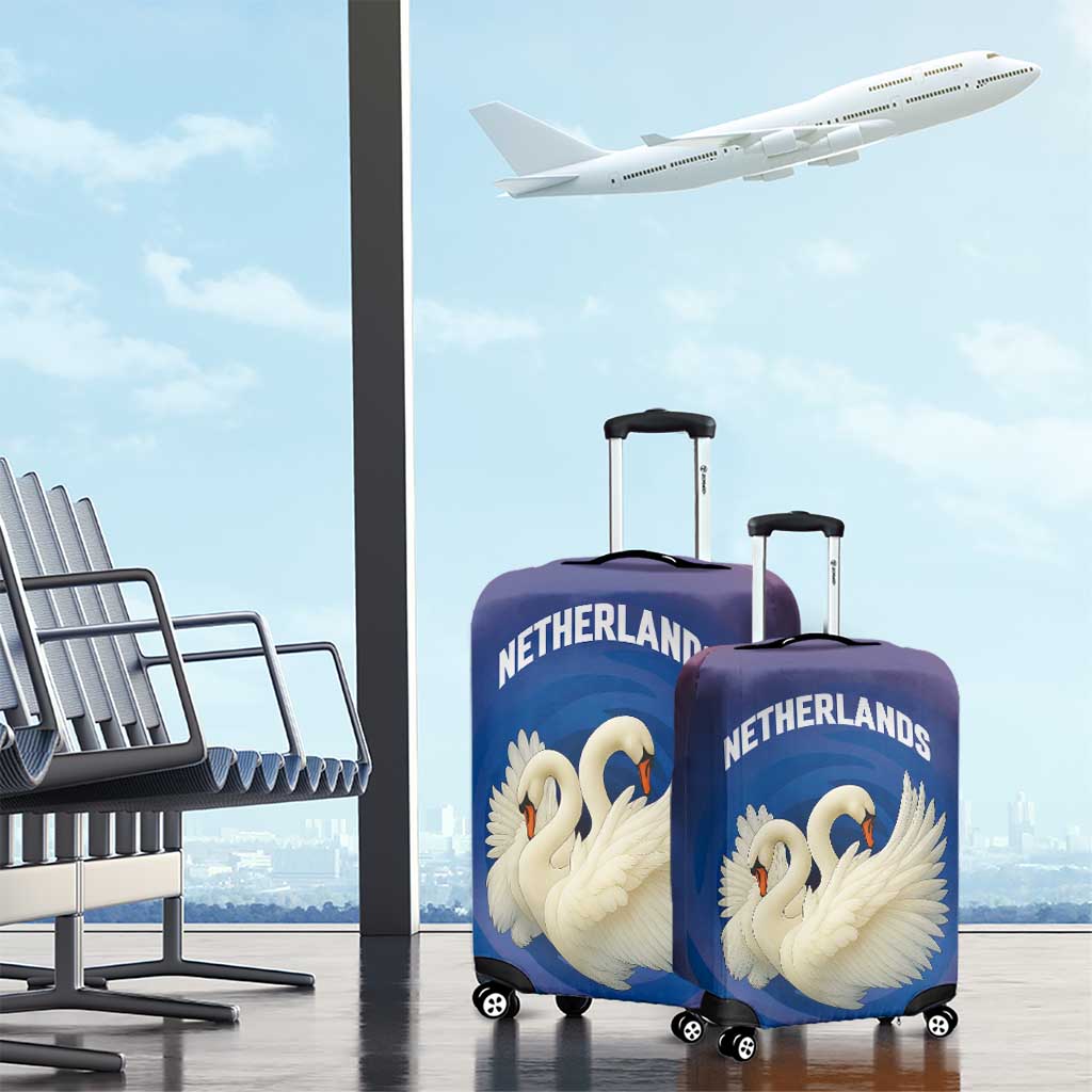 Netherlands Luggage Cover with Swan Couple Graphic and Dutch Flag in Gradient Red and Blue Design TS04