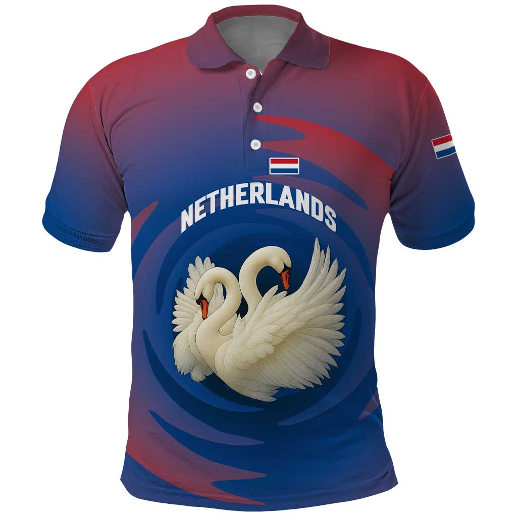 Netherlands Polo Shirt with Swan Couple Graphic and Dutch Flag in Gradient Red and Blue Design TS04