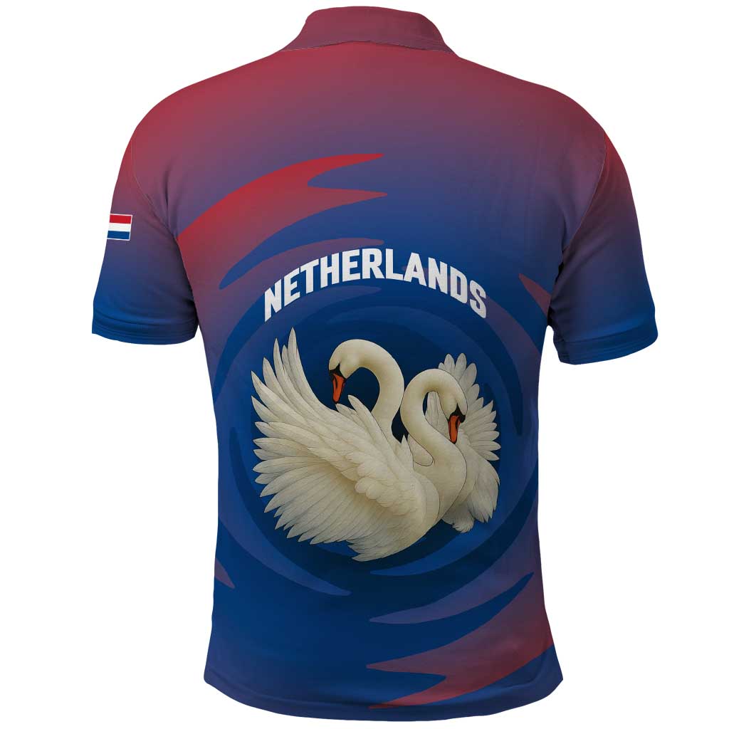Netherlands Polo Shirt with Swan Couple Graphic and Dutch Flag in Gradient Red and Blue Design TS04