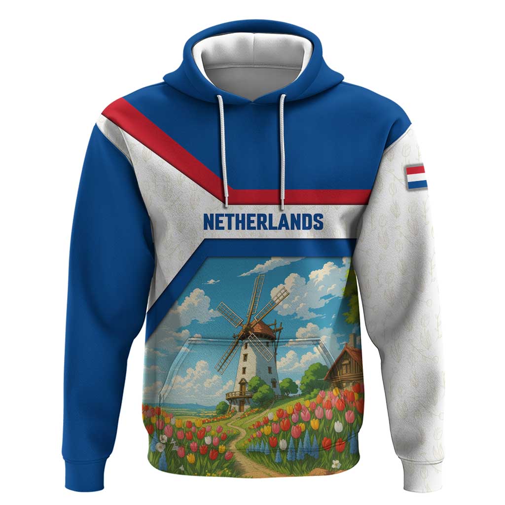 Netherlands Hoodie Dutch Windmill and Tulip Field Landscape in National Flag Colors TS04