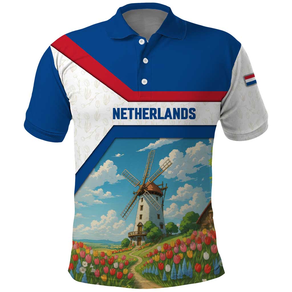 Netherlands Polo Shirt Dutch Windmill and Tulip Field Landscape in National Flag Colors TS04