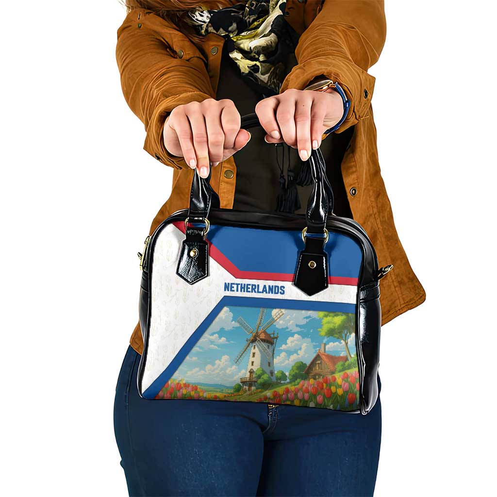 Netherlands Shoulder Handbag Dutch Windmill and Tulip Field Landscape in National Flag Colors TS04