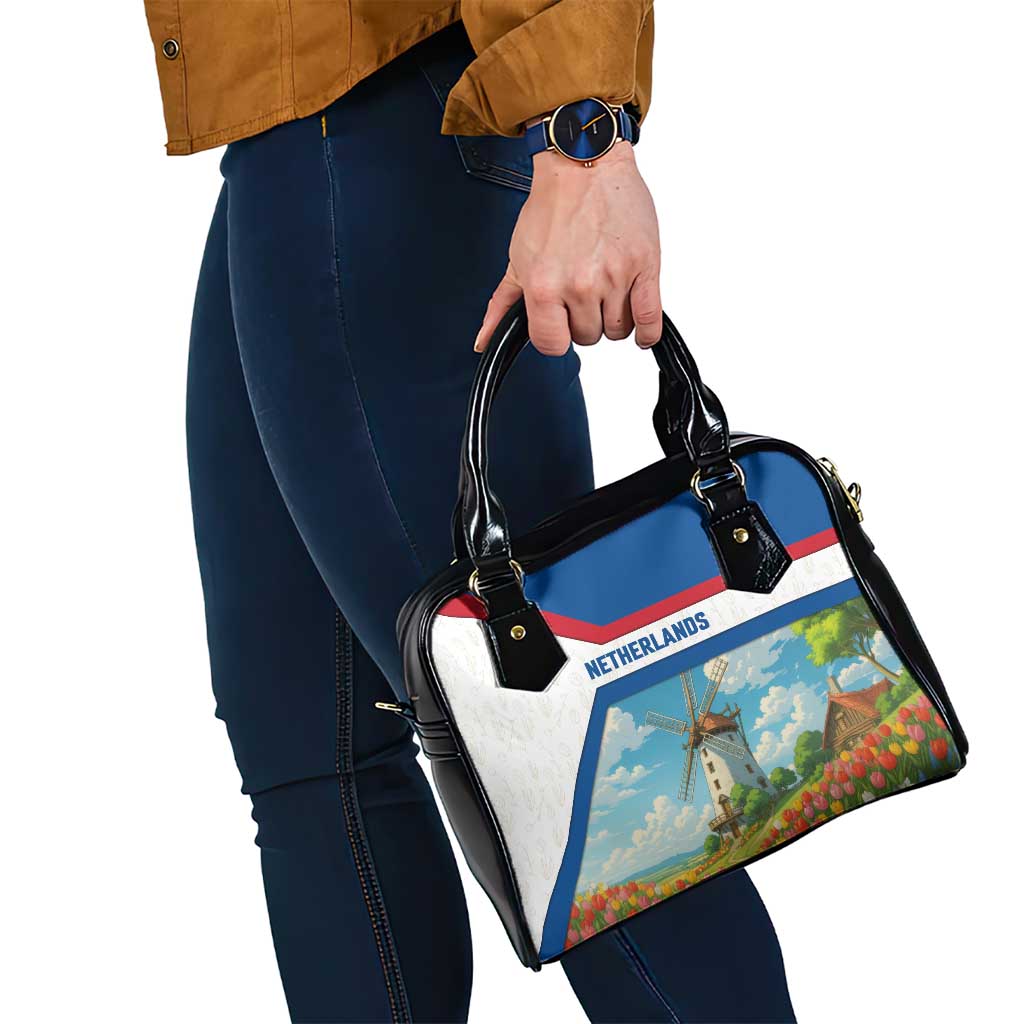 Netherlands Shoulder Handbag Dutch Windmill and Tulip Field Landscape in National Flag Colors TS04