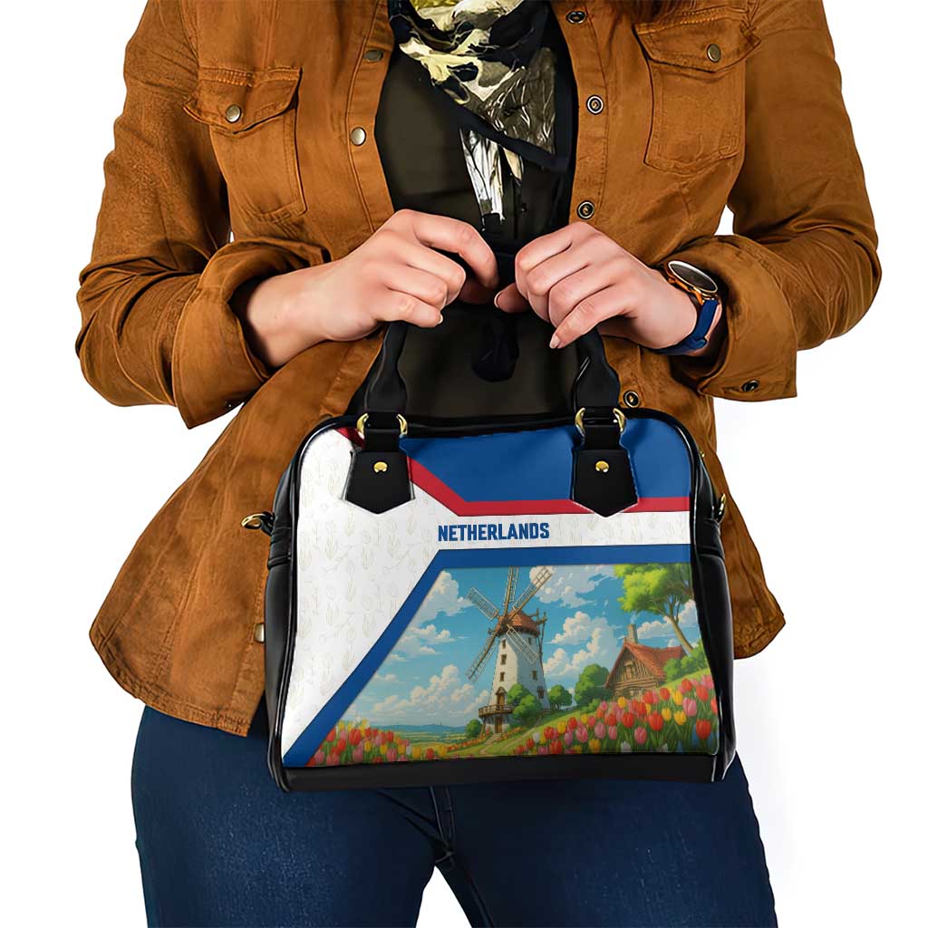 Netherlands Shoulder Handbag Dutch Windmill and Tulip Field Landscape in National Flag Colors TS04