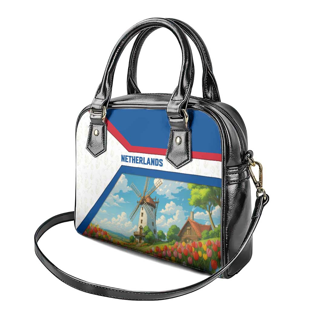 Netherlands Shoulder Handbag Dutch Windmill and Tulip Field Landscape in National Flag Colors TS04