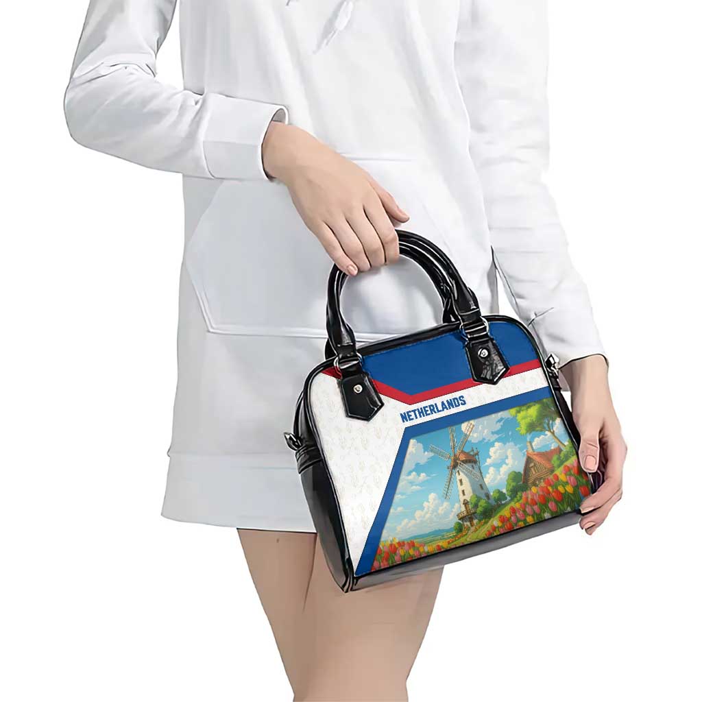 Netherlands Shoulder Handbag Dutch Windmill and Tulip Field Landscape in National Flag Colors TS04