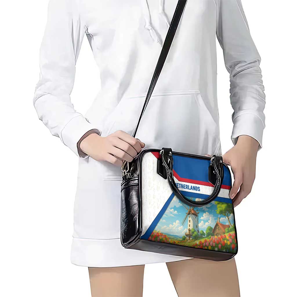 Netherlands Shoulder Handbag Dutch Windmill and Tulip Field Landscape in National Flag Colors TS04