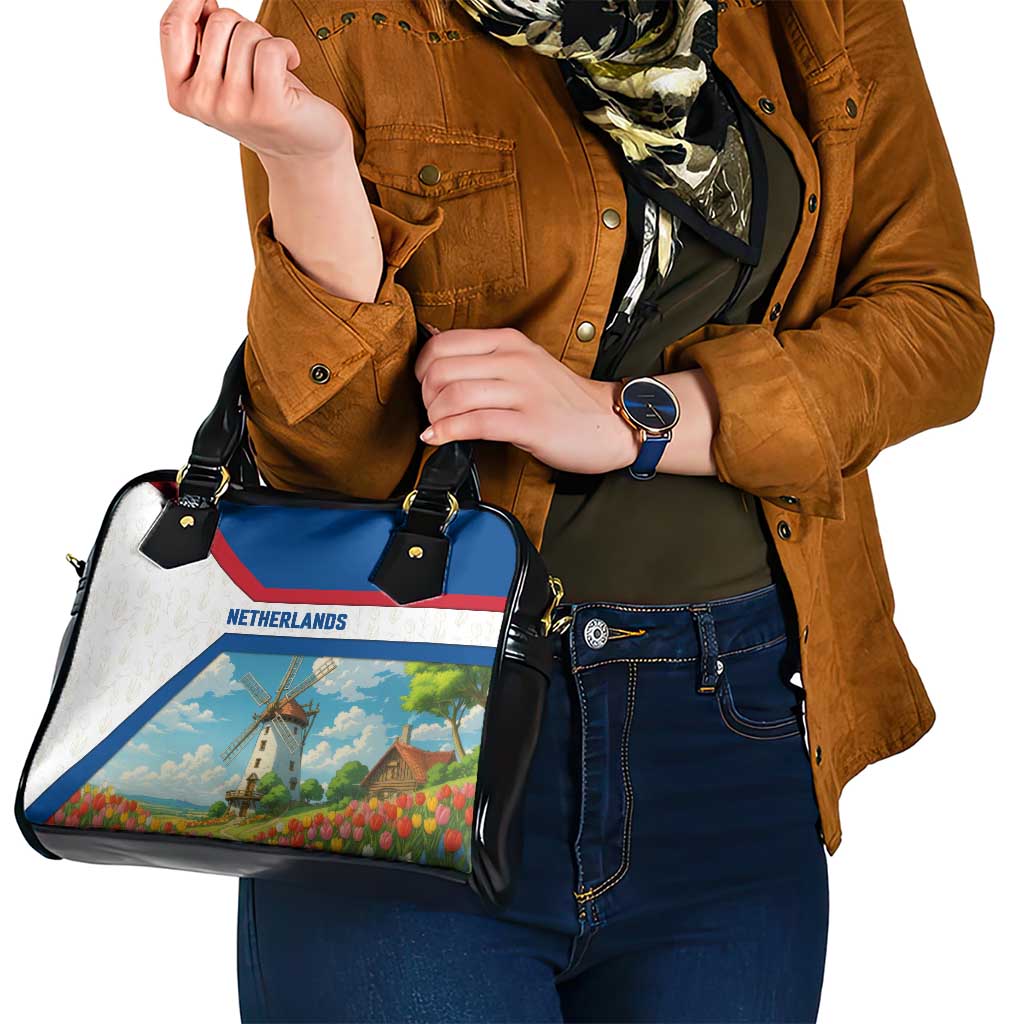 Netherlands Shoulder Handbag Dutch Windmill and Tulip Field Landscape in National Flag Colors TS04