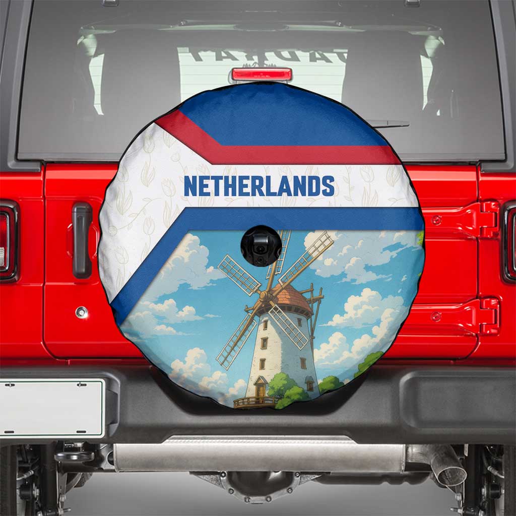 Netherlands Spare Tire Cover Dutch Windmill and Tulip Field Landscape in National Flag Colors TS04
