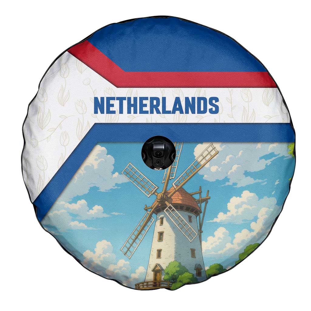 Netherlands Spare Tire Cover Dutch Windmill and Tulip Field Landscape in National Flag Colors TS04